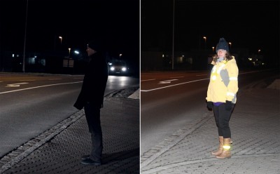 Bildunterschrift: Helle Kleidung und Reflektoren (im Bild rechts) steigern die Sichtbarkeit von ungeschützten Verkehrsteilnehmern im Vergleich zu dunkel gekleideten Fußgängern (im Bild links). Foto: ARCD.