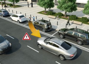Vehicle-to-X Technologie ermöglicht den Austausch von Positions- und Bewegungsdaten zwischen Fahrzeugen und schwächeren Verkehrsteilnehmern. Grafik: Continental.